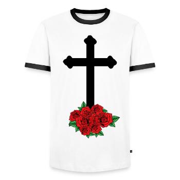 Roses en deuil Croix de la mort Funérailles au-delà de la tombe - T-shirt contrasté Homme - blanc/noir - Devant - AI Model Female 172 light (172cm) & AI Model Male 178 dark (178cm)