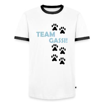 (team_gassi_02) - Männer Kontrast-T-Shirt - Weiß/Schwarz - Vorne - AI Model Female 172 light (172cm) & AI Model Male 178 dark (178cm)