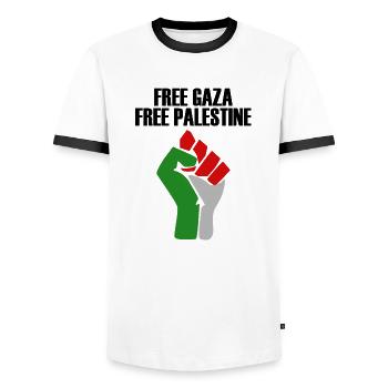 free gaza free palestine - Men's Ringer Shirt - white/black - Front - AI Model Female 172 light (172cm) & AI Model Male 178 dark (178cm)