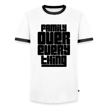 Family Over Everything - Men's Ringer Shirt - white/black - Front - AI Model Female 172 light (172cm) & AI Model Male 178 dark (178cm)
