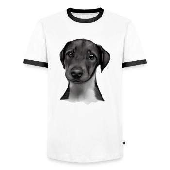 Doberman Doberman chiot chien Doberman dresseur - T-shirt contrasté Homme - blanc/noir - Devant - AI Model Female 172 light (172cm) & AI Model Male 178 dark (178cm)