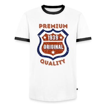 Premium quality 1939 - Men's Ringer Shirt - white/black - Front - AI Model Female 172 light (172cm) & AI Model Male 178 dark (178cm)