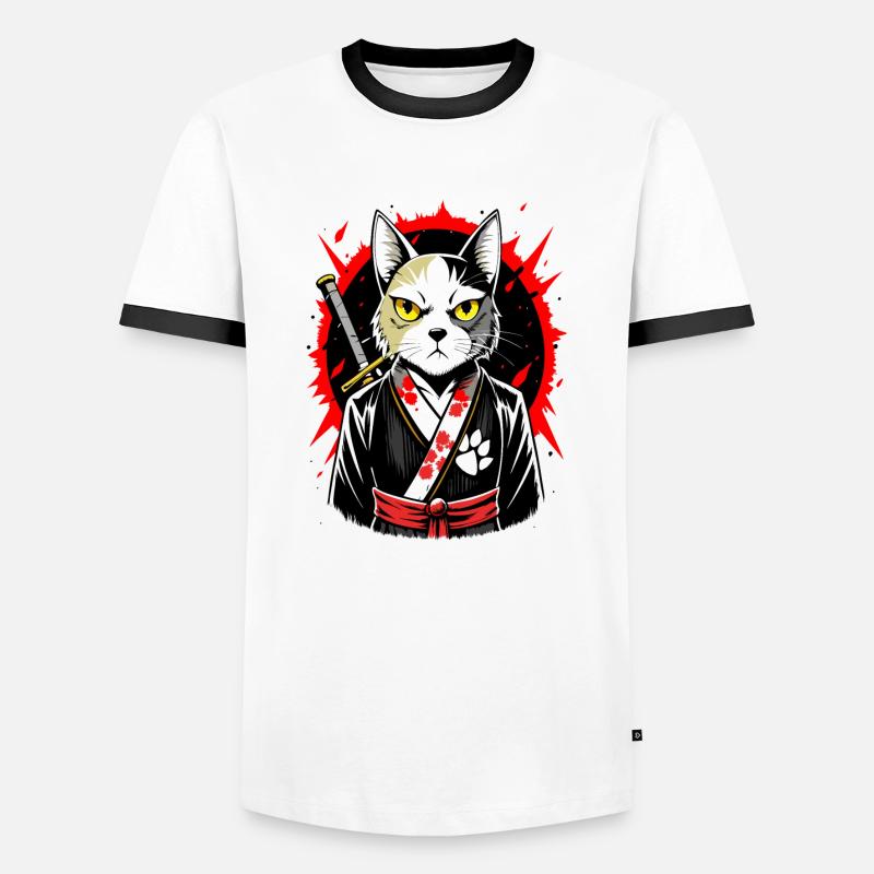 Samurai-Katze - Männer Kontrast-T-Shirt - Weiß/Schwarz