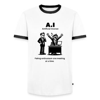 A.I - Künstliches Interesse: Vortäuschen von Begeisterung für mich - Männer Kontrast-T-Shirt - Weiß/Schwarz - Vorne - AI Model Female 172 light (172cm) & AI Model Male 178 dark (178cm)