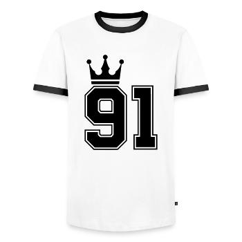 91 Crowns - Men's Ringer Shirt - white/black - Front - AI Model Female 172 light (172cm) & AI Model Male 178 dark (178cm)