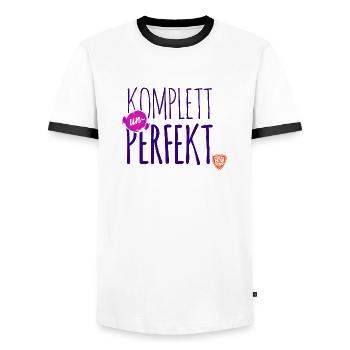 KOMPLETT unPERFEKT - Männer Kontrast-T-Shirt - Weiß/Schwarz - Vorne - AI Model Female 172 light (172cm) & AI Model Male 178 dark (178cm)