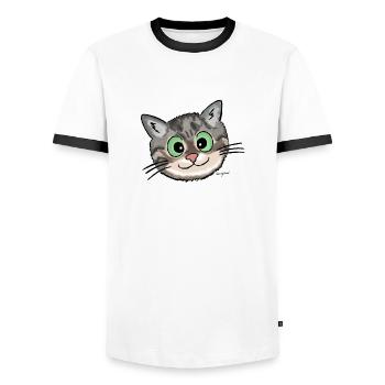 Kätzchen Lissy (smiling) - Männer Kontrast-T-Shirt - Weiß/Schwarz - Vorne - AI Model Female 172 light (172cm) & AI Model Male 178 dark (178cm)