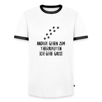 andere gehen zum therapeuten ich gehe gassi - Männer Kontrast-T-Shirt - Weiß/Schwarz - Vorne - AI Model Female 172 light (172cm) & AI Model Male 178 dark (178cm)