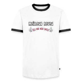 Soeur / Neveu / Nièce / Gendre / Frère / Papy / - T-shirt contrasté Homme - blanc/noir - Devant - AI Model Female 172 light (172cm) & AI Model Male 178 dark (178cm)