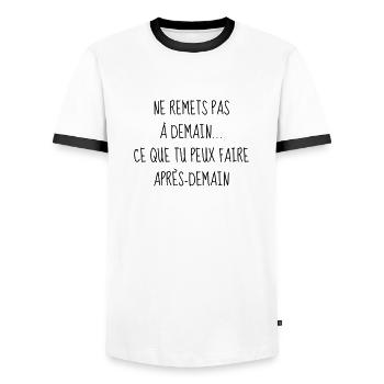 Humour - Drôle - Blague - Rire - Fun - Cool - T-shirt contrasté Homme - blanc/noir - Devant - AI Model Female 172 light (172cm) & AI Model Male 178 dark (178cm)