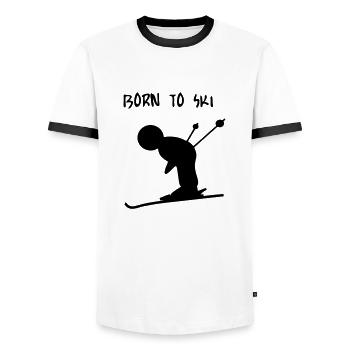 BORN TO SKI - Men's Ringer Shirt - white/black - Front - AI Model Female 172 light (172cm) & AI Model Male 178 dark (178cm)