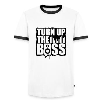 turn_up_the_bass__f1_ - Men's Ringer Shirt - white/black - Front - AI Model Female 172 light (172cm) & AI Model Male 178 dark (178cm)