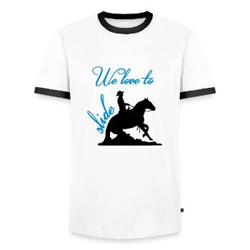 We love to slider Westernreiten Reining Sliding - Männer Kontrast-T-Shirt - Weiß/Schwarz - Vorne - AI Model Female 172 light (172cm) & AI Model Male 178 dark (178cm)