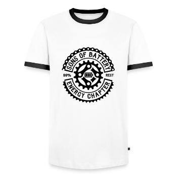 SONS OF BATTERY - EBike Gang Logo - Männer Kontrast-T-Shirt - Weiß/Schwarz - Vorne - AI Model Female 172 light (172cm) & AI Model Male 178 dark (178cm)