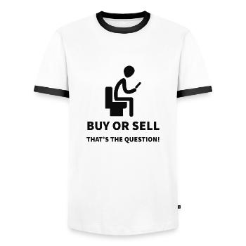 Buy or Sell That's the Question of a trader - Men's Ringer Shirt - white/black - Front - AI Model Female 172 light (172cm) & AI Model Male 178 dark (178cm)