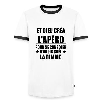 dieu créa l'apéro / humour alcool - T-shirt contrasté Homme - blanc/noir - Devant - AI Model Female 172 light (172cm) & AI Model Male 178 dark (178cm)