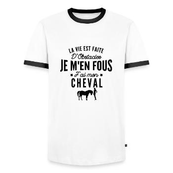 je m en fous j ai mon cheval / humour cheval - T-shirt contrasté Homme - blanc/noir - Devant - AI Model Female 172 light (172cm) & AI Model Male 178 dark (178cm)