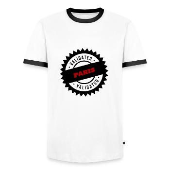 PARIS ZERTIFIZIERT - Männer Kontrast-T-Shirt - Weiß/Schwarz - Vorne - AI Model Female 172 light (172cm) & AI Model Male 178 dark (178cm)