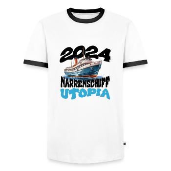 Narrenschiff Utopia, Franz Josef Strauß - Männer Kontrast-T-Shirt - Weiß/Schwarz - Vorne - AI Model Female 172 light (172cm) & AI Model Male 178 dark (178cm)