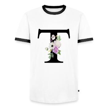 Purple Floral Letter T - Men's Ringer Shirt - white/black - Front - AI Model Female 172 light (172cm) & AI Model Male 178 dark (178cm)