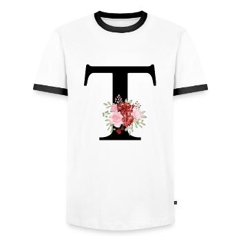 Red Floral T Letter - Men's Ringer Shirt - white/black - Front - AI Model Female 172 light (172cm) & AI Model Male 178 dark (178cm)
