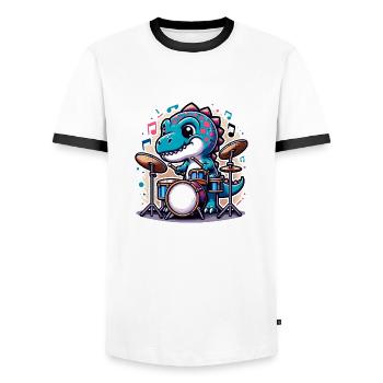 Cooler T-Rex Dinosaurier Drummer - Männer Kontrast-T-Shirt - Weiß/Schwarz - Vorne - AI Model Female 172 light (172cm) & AI Model Male 178 dark (178cm)