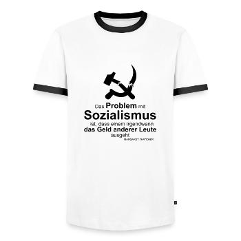 Zitat Sozialismus Thatcher - Männer Kontrast-T-Shirt - Weiß/Schwarz - Vorne - AI Model Female 172 light (172cm) & AI Model Male 178 dark (178cm)