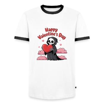 Une faucheuse au cœur tendre - T-shirt contrasté Homme - blanc/noir - Devant - AI Model Female 172 light (172cm) & AI Model Male 178 dark (178cm)