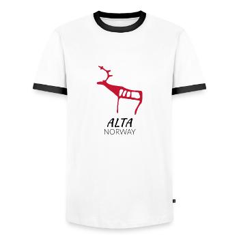 Alta, Norway (rock carving) - Men's Ringer Shirt - white/black - Front - AI Model Female 172 light (172cm) & AI Model Male 178 dark (178cm)