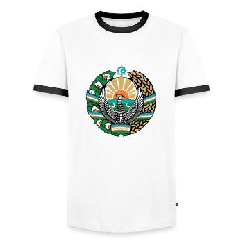 Usbekistan Wappen - Männer Kontrast-T-Shirt - Weiß/Schwarz - Vorne - AI Model Female 172 light (172cm) & AI Model Male 178 dark (178cm)