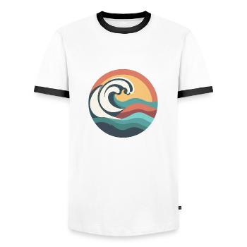 Super Wave Surfing, Water Sports, Surfing Ocean - Men's Ringer Shirt - white/black - Front - AI Model Female 172 light (172cm) & AI Model Male 178 dark (178cm)