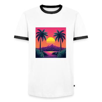 Lebendiger Retro-Sonnenuntergang im Stil der 80er Jahre - Männer Kontrast-T-Shirt - Weiß/Schwarz - Vorne - AI Model Female 172 light (172cm) & AI Model Male 178 dark (178cm)
