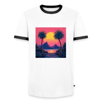 Ein lebendiger, von den 80er Jahren inspirierter Retro-Sonnenuntergang - Männer Kontrast-T-Shirt - Weiß/Schwarz - Vorne - AI Model Female 172 light (172cm) & AI Model Male 178 dark (178cm)