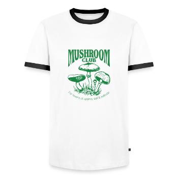 Mushroom Club – Vintage Pilz-Typografie - Männer Kontrast-T-Shirt - Weiß/Schwarz - Vorne - AI Model Female 172 light (172cm) & AI Model Male 178 dark (178cm)