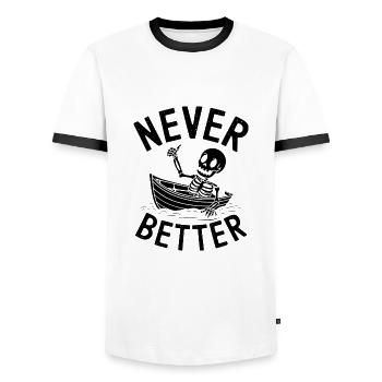 Never Better - Funny Skeleton Tshirt - Men's Ringer Shirt - white/black - Front - AI Model Female 172 light (172cm) & AI Model Male 178 dark (178cm)