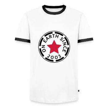 on earth since 2003 (uk) - Men's Ringer Shirt - white/black - Front - AI Model Female 172 light (172cm) & AI Model Male 178 dark (178cm)