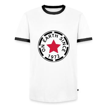 on earth since 1972 (uk) - Men's Ringer Shirt - white/black - Front - AI Model Female 172 light (172cm) & AI Model Male 178 dark (178cm)