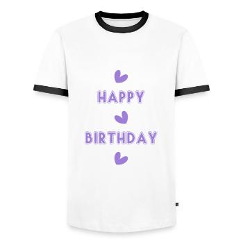 HAPPY BIRTHDAY. HAPPY BIRTHDAY. ANNIVERSARY. - Men's Ringer Shirt - white/black - Front - AI Model Female 172 light (172cm) & AI Model Male 178 dark (178cm)