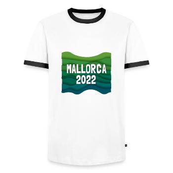 Mallorca 2022, Malle, Balearen,Spanien, Mittelmeer - Männer Kontrast-T-Shirt - Weiß/Schwarz - Vorne - AI Model Female 172 light (172cm) & AI Model Male 178 dark (178cm)