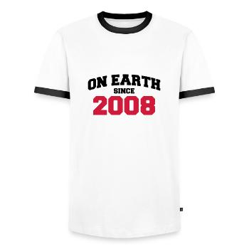 on earth 2008 - Men's Ringer Shirt - white/black - Front - AI Model Female 172 light (172cm) & AI Model Male 178 dark (178cm)