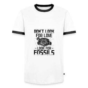 Fossil Collectors | Dinosaur Fossil Gifts - Men's Ringer Shirt - white/black - Front - AI Model Female 172 light (172cm) & AI Model Male 178 dark (178cm)