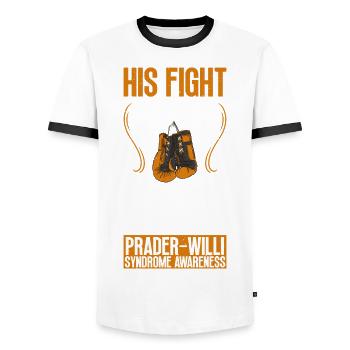 Son combat est la conscience du syndrome de Prader-Willi - T-shirt contrasté Homme - blanc/noir - Devant - AI Model Female 172 light (172cm) & AI Model Male 178 dark (178cm)