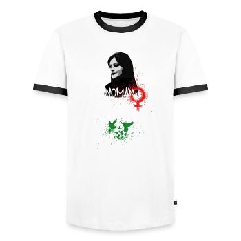 femme liberté de vie,vögel,iran,graffiti,Mahsa Amini - T-shirt contrasté Homme - blanc/noir - Devant - AI Model Female 172 light (172cm) & AI Model Male 178 dark (178cm)