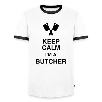 boucher / boucherie / charcutier / viande - T-shirt contrasté Homme - blanc/noir - Devant - AI Model Female 172 light (172cm) & AI Model Male 178 dark (178cm)