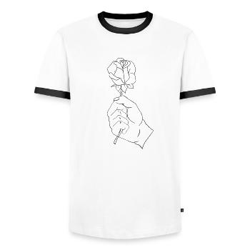 Rose dans une main - T-shirt contrasté Homme - blanc/noir - Devant - AI Model Female 172 light (172cm) & AI Model Male 178 dark (178cm)