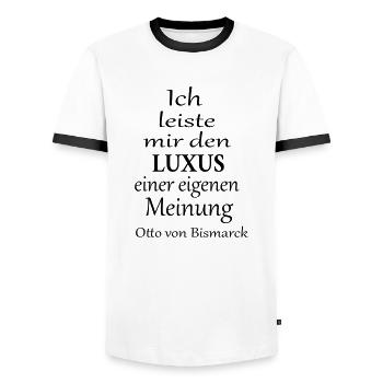 Ich leiste mir den Luxus einer eigenen Meinung - Männer Kontrast-T-Shirt - Weiß/Schwarz - Vorne - AI Model Female 172 light (172cm) & AI Model Male 178 dark (178cm)