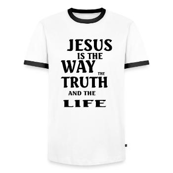Jesus Christ God Faith - Männer Kontrast-T-Shirt - Weiß/Schwarz - Vorne - AI Model Female 172 light (172cm) & AI Model Male 178 dark (178cm)