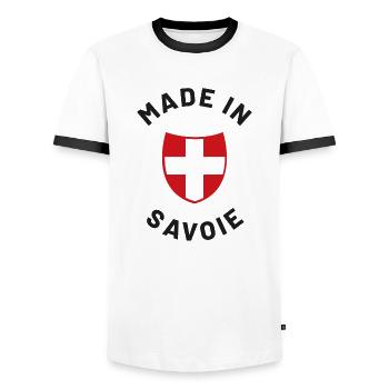 Made in Savoie - T-shirt contrasté Homme - blanc/noir - Devant - AI Model Female 172 light (172cm) & AI Model Male 178 dark (178cm)