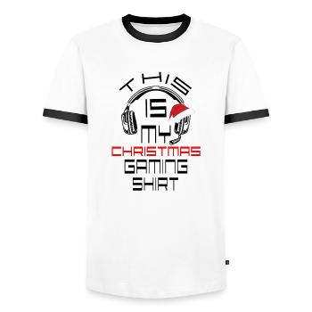 Christmas Gaming Shirt - Men's Ringer Shirt - white/black - Front - AI Model Female 172 light (172cm) & AI Model Male 178 dark (178cm)