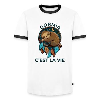 "Paresseux endormi: "Dormir, c'est la vie!" - T-shirt contrasté Homme - blanc/noir - Devant - AI Model Female 172 light (172cm) & AI Model Male 178 dark (178cm)